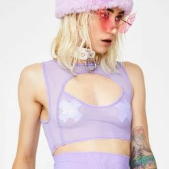 J Valentine Tops Lavender Mesh Keyhole Crop Top