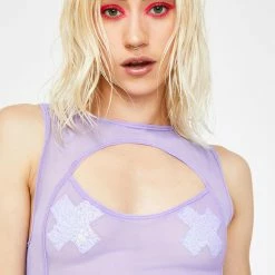 J Valentine Tops Lavender Mesh Keyhole Crop Top