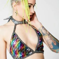 J Valentine Rainbow Sequin Choker Top Tops