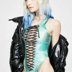 J Valentine Teal Snake Metallic Lace-Up Bodysuit Tops