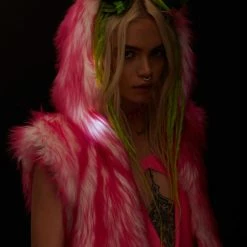 J Valentine Pink Light-Up Hooded Faux Fur Duster