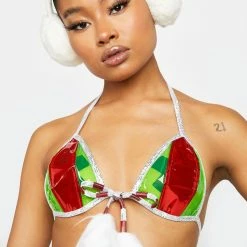 J Valentine Tops Vinyl Bra Top With Pom Pom Bow