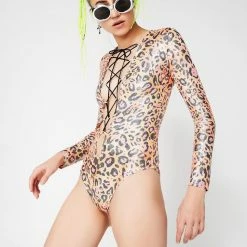 J Valentine Orange Leopard Lace-Up Bodysuit Tops