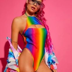 J Valentine Rainbow Metallic Halter Bodysuit Tops