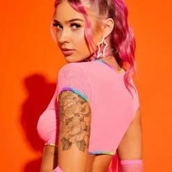 J Valentine Pink Cap Sleeve Mesh Top Tops