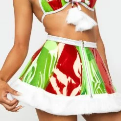 J Valentine Fur Trimmed Vinyl Pinwheel Skirt Bottoms