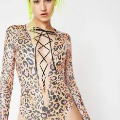 J Valentine Orange Leopard Lace-Up Bodysuit Tops
