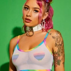 J Valentine Tops Rainbow Trim Mesh Tank