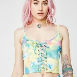 J Valentine Tie- Dye Faux Suede Lace-Up Tank Tops