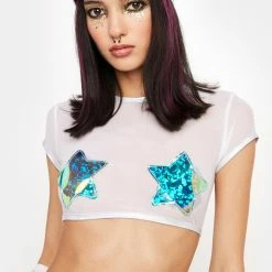 J Valentine White Star Mesh Cap Sleeve Top