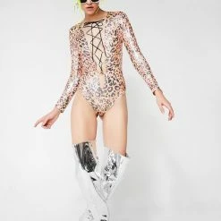 J Valentine Orange Leopard Lace-Up Bodysuit Tops