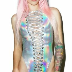 J Valentine Galactica Hologram Lace-Up Bodysuit