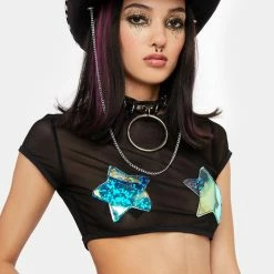 J Valentine Black Star Mesh Cap Sleeve Top Sheer Crop Top