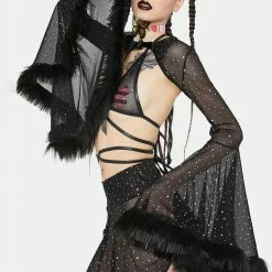 J Valentine Tops Black Faux Fur Trimmed Bell Sleeve Shrug