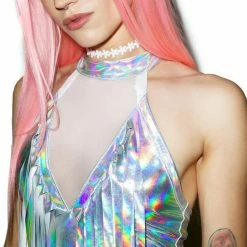 J Valentine Galactica Hologram Fringe Halter Top Tops