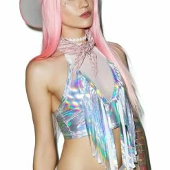 J Valentine Galactica Hologram Fringe Halter Top Tops