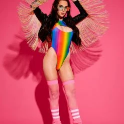 J Valentine Rainbow Metallic Halter Bodysuit Tops