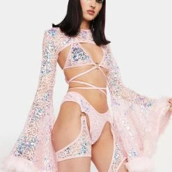 J Valentine Pink Sequin Faux Fur Trimmed Bell Sleeve Shrug Tops