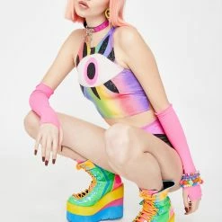 J Valentine Tops Rainbow Eyeball Crop Top